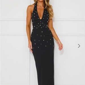 Elegant Black Halter Dress with Pearl Accents - Hello Molly